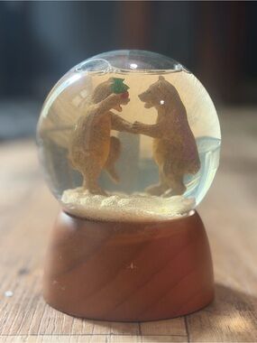 Clear Glass Snow Globe with Dancing Bear Figurines - Brown Base